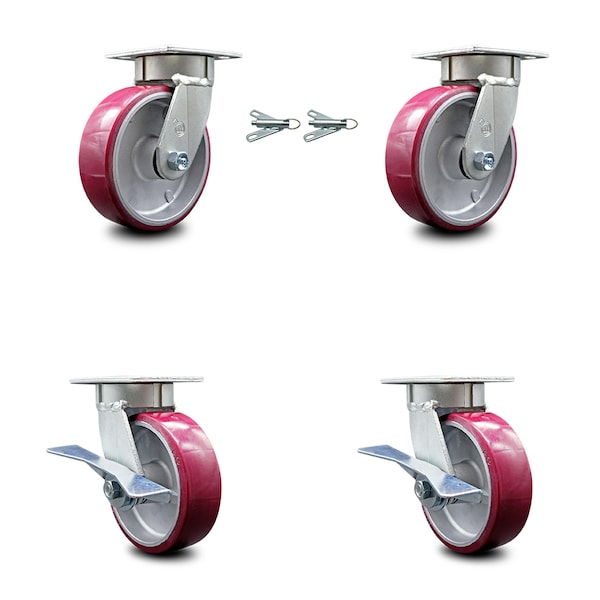 6 Inch Kingpinless Poly on Aluminum Wheel Caster Swivel Locks 2 Brakes SCC, 2PK
